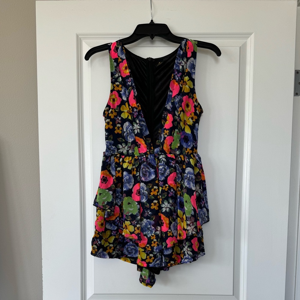 PASSION FUSION Floral Ruffled Deep V-Neck Romper